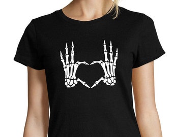 T-Shirt Black Skull Hands Heart, Cut fit for Women, 100% cotton - printed in France