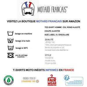 May include: A white tee shirt with a graphic of a motorcycle helmet and the text "Motard Francais" printed on it. The shirt is described as a "tee-shirt homme col rond ajust&eacute;" and is made of 100% cotton. The shirt is machine washable and can be washed at 30 degrees Celsius.