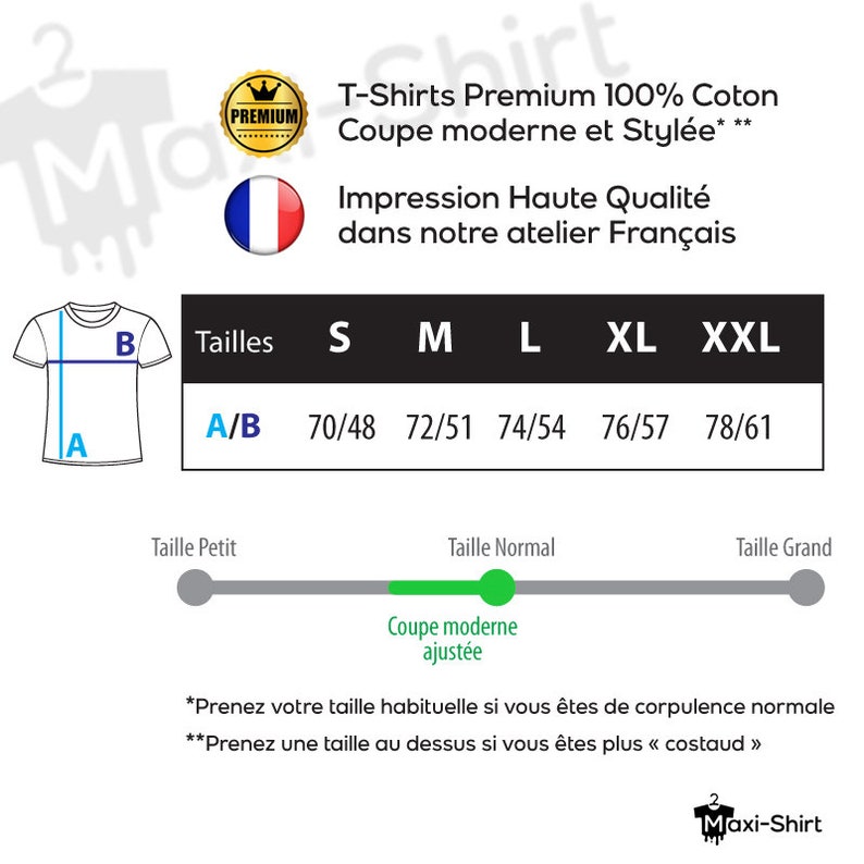May include: A size chart for t-shirts with measurements in inches. The chart shows the size, chest measurement, and waist measurement for each size. The chart also includes a description of the fit, which is modern and fitted. The chart is in French.