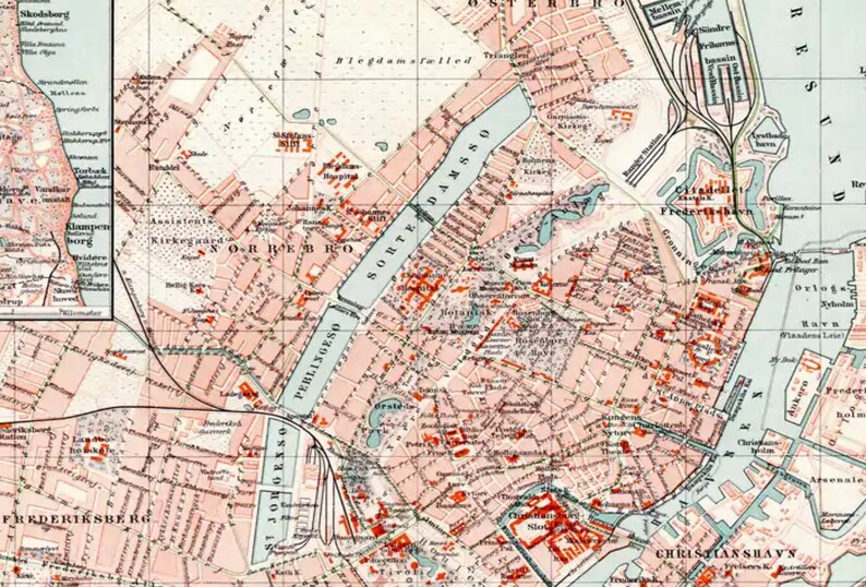 19th Century Antique Original Map of Copenhagen