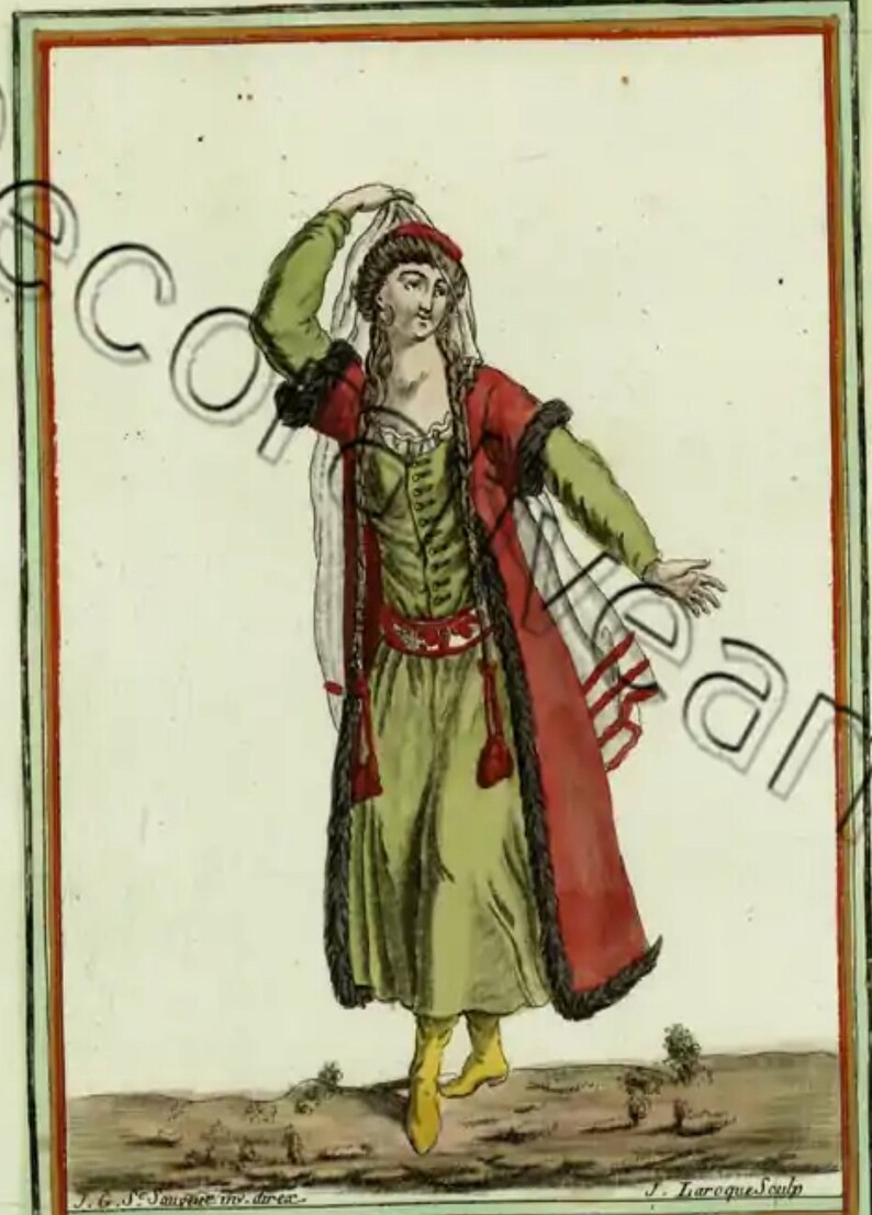 18th Century hand colored engraved print from Grasset-Labrousse costume decorative art