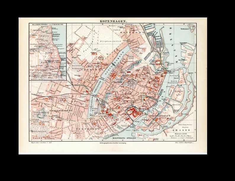 19th Century Antique Original Map of Copenhagen