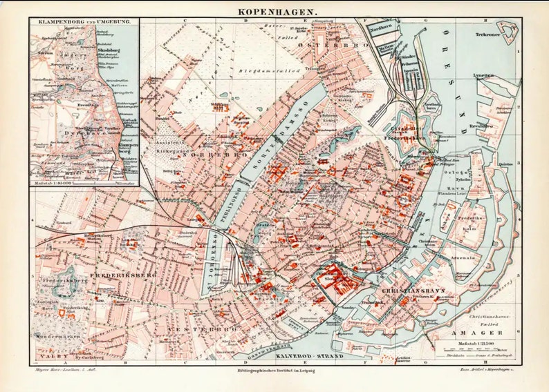 19th Century Antique Original Map of Copenhagen