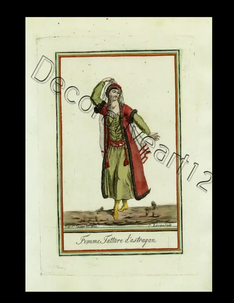 18th Century hand colored engraved print from Grasset-Labrousse costume decorative art