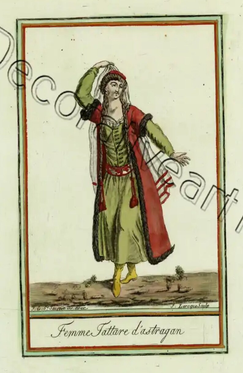 18th Century hand colored engraved print from Grasset-Labrousse costume decorative art