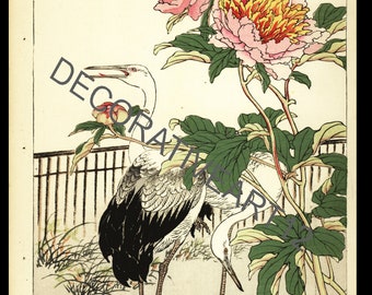 Stampa xilografica di fiori e gru dall'album della prima edizione di Barei intorno al 1883