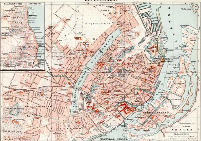 19th Century Antique Original Map of Copenhagen