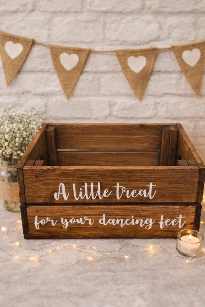 Rustic Wedding Flip Flop Crate | Dark Oak Wooden Basket for Dancing Feet image 2