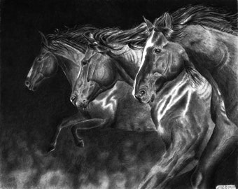 One Way... Wild Horses.  Giclee print of the original graphite/carbon drawing.
