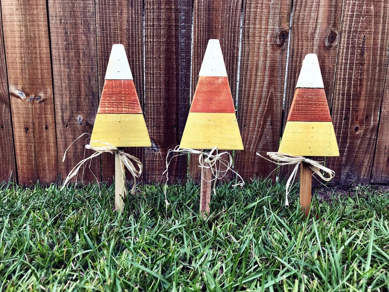 Set of 3 Candy Corn Yard Stakes, Halloween decor, Garden Art, Wood Halloween Decor, Farmhouse, Gifts, Fall decoration, Fall Outdoor yard art image 2