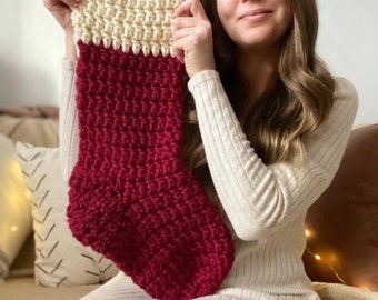 Christmas Stocking handcrafted with an acrylic/wool blend chunky yarn. Crocheted rustic stocking, knit stocking, handmade