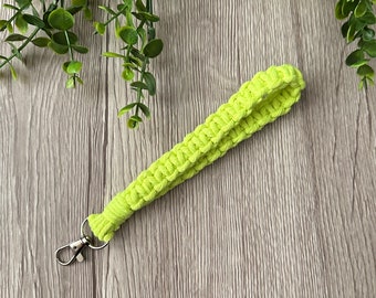 1 Bright Green Macrame Wristlet Keychain Handmade with Recycled Cotton and a silver metal swivel clasp. Handmade in Ontario.