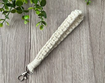 1 Natural Macrame Wristlet Keychain Handmade with Recycled Cotton and a silver metal swivel clasp. Handmade in Ontario, Canada.