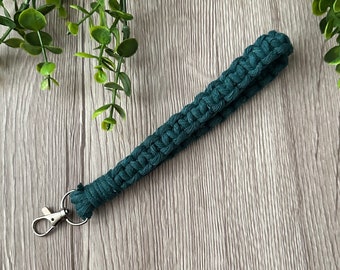 1 Forest Green Macrame Wristlet Keychain Handmade with Recycled Cotton and a silver metal swivel clasp. Handmade in Ontario.