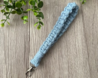 1 Soft Blue Macrame Wristlet Keychain Handmade with Recycled Cotton and a silver metal swivel clasp. Handmade in Ontario.