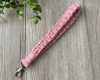 1 Blossom Macrame Wristlet Keychain Handmade with Recycled Cotton and a silver metal swivel clasp. Handmade in Ontario, Canada.