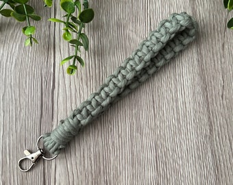 1 Sage Green Macrame Wristlet Keychain Handmade with combed Cotton and a silver metal swivel clasp. Handmade in Ontario.