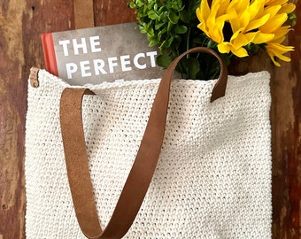 Handmade antique white cotton knit/crochet tote bag with linen lining and leather straps.