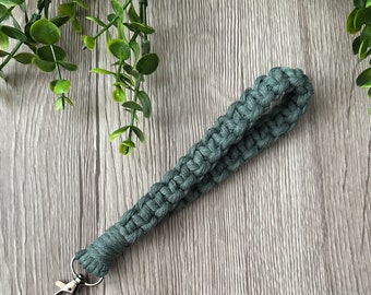 1 Eucalyptus Macrame Wristlet Keychain Handmade with Combed Cotton and a silver metal swivel clasp. Handmade in Ontario.