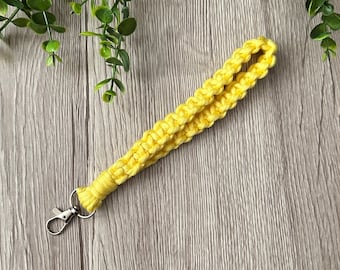 1 Yellow Macrame Wristlet Keychain Handmade with Combed Cotton and a silver metal swivel clasp. Handmade in Ontario, Canada.