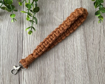 1 Cinnamon Macrame Wristlet Keychain Handmade with Combed Cotton and a silver metal swivel clasp. Handmade in Ontario.