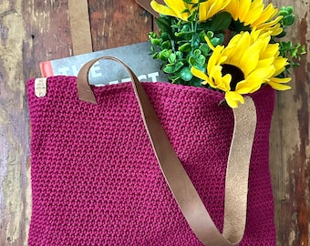 Handmade Wild Berry cotton knit/crochet tote bag with linen lining and leather straps. Approximately 14x14 inches +/-
