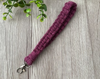 1 Purple Orchid Macrame Wristlet Keychain Handmade with Recycle Cotton and a silver metal swivel clasp. Handmade in Ontario.