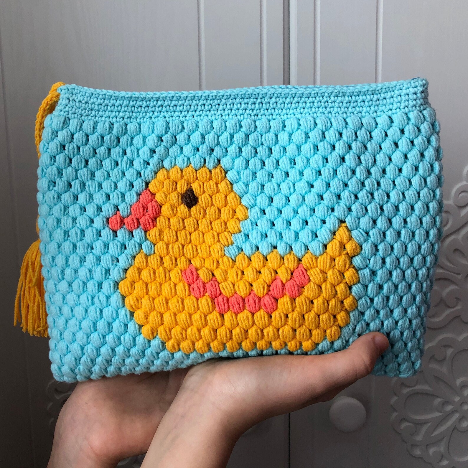 Funny Crochet Blue Makeup Bag With Yellow Duck Pattern With Zipper
