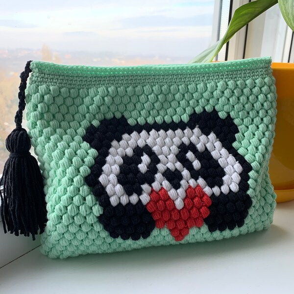 Borsa panda cosmetica Mint Makeup con cerniera, organizzazione trucco, piccola borsa cosmetica, pochette lavorata a maglia, custodia lavorata a maglia, custodia cosmetica, regalo per lei