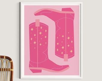 Impresión de arte de botas de vaquero rosa y naranja, arte moderno de la pared occidental, decoración de la pared del suroeste, impresión de arte de moda, decoración de la pared del dormitorio, retro occidental
