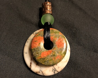 Unakite and white jasper stone donut long pendant necklace.