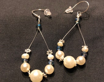 Pearl and smoky quartz drop hoop dangle earrings with sterling silver ear wires.