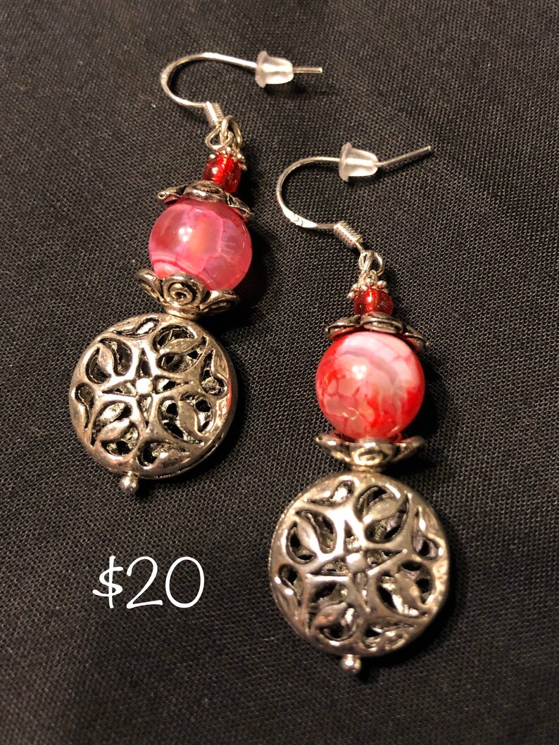 Silver and Red dangle earrings. image 1