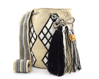 Exclusive Colombian Wayuu Bag | Large Woven Crossbody Handmade Gorrito Mochila | Boho | Beige Rhombus