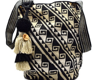 Exclusive Colombian X- Large Tote Wayuu Bag | Large Woven Handmade Mochila | Boho | Black and White Figures