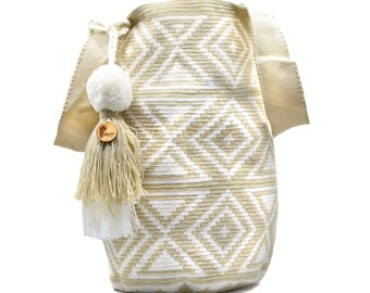 Exclusive Colombian X- Large Tote Wayuu Bag | Large Woven Handmade Mochila | Boho | White and Beige Rhombus and Triangles