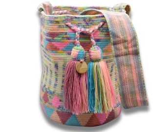 LARGE Exclusive Colombian Wayuu Mochila Bag | Tribal Ethnic Boho Bucket Bag | Non-Stretch Strap | Beige lines in the middle soft colors base