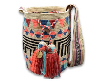 LARGE Exclusive Colombian Wayuu Mochila Bag | Tribal Ethnic Boho Bucket Bag | Non-Stretch Strap | Black lines orange and blue triangles
