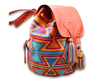 Handcrafted Colombian Wayuu Backpack Mochila I Lined Genuine Leather Ethically Sourced I Bag for Women I Boho Hippie Tribal I Unique Gifts