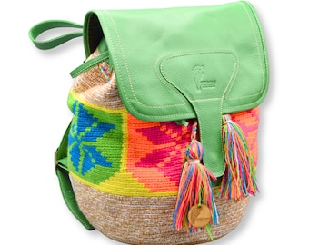Handcrafted Colombian Wayuu Backpack Mochila I Lined Genuine Leather Ethically Sourced I Bag for Women I Boho Hippie Tribal I Unique Gifts