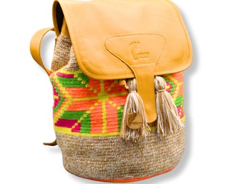 Handcrafted Colombian Wayuu Backpack Mochila I Lined Genuine Leather Ethically Sourced I Bag for Women I Boho Hippie Tribal I Unique Gifts