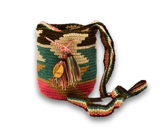 Traditionelle Wayuu Mochila Mini Tasche | Gewebte Crossbody | Handarbeit | Boho | Grüne Pfeile