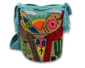 Wayuu Mochila Bag | Large Tapizada | Handmade in Colombia | Sunset and Birds