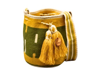 Exclusive Wayuu mochila bag | Medium Woven Crossbody Handmade Gorrito Mochila | Yellow and green army solid strap