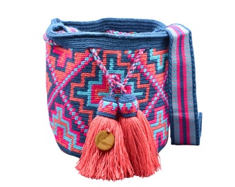 Exclusive Wayuu mochila bag | Medium Woven Crossbody Handmade Gorrito Mochila | Pink and Blue Crosses solid strap
