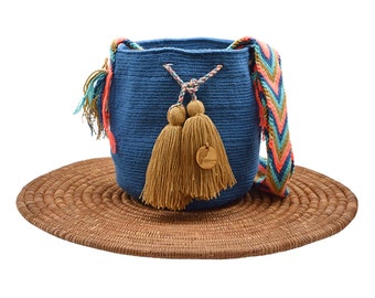 Medium Unicolor Wayuu Mochila Bag | Woven Crossbody | Handmade | Boho | Handmade in Colombia | Blue Dark Beige Burla