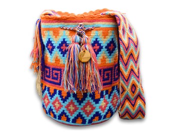 LARGE Authentic Colombian Wayuu Mochila Bag | Tribal Ethnic Boho Bucket Bag | Half orange half turquoise tringles