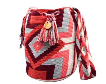 LARGE Authentic Colombian Wayuu Mochila Bag | Tribal Ethnic Boho Bucket Bag | Red and Gray design