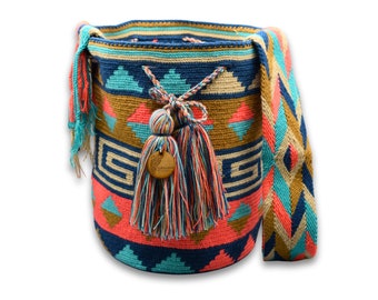 LARGE Authentic Colombian Wayuu Mochila Bag | Tribal Ethnic Boho Bucket Bag | Blue triangles