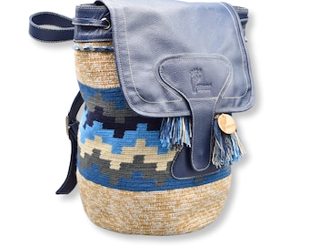 Handcrafted Colombian Wayuu Backpack Mochila I Lined Genuine Leather Ethically Sourced I Bag for Women I Boho Hippie Tribal I Unique Gifts